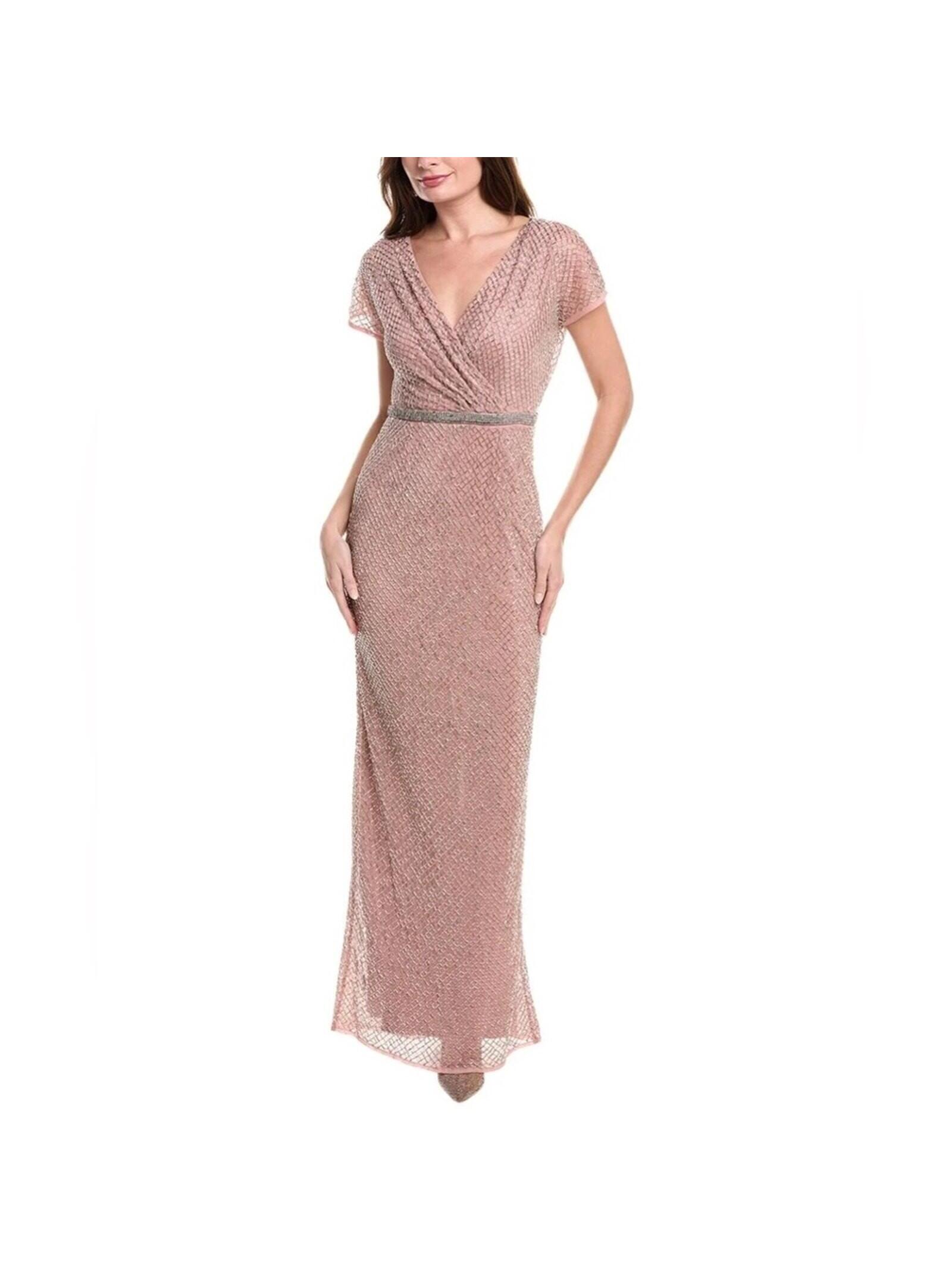 Nwt Mac Duggal 93787 Lattice Beaded Short Sleeve Gown Rose Pink Silver Sz 18